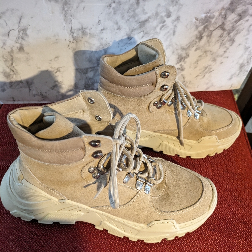 Women's Suede Hiking-Inspired Ankle Boots in Beige - Picture 3 of 9